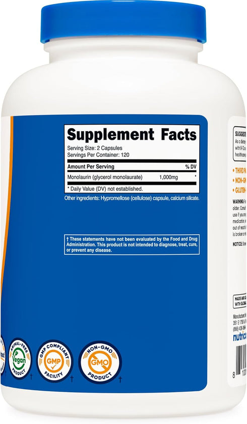 Nutricost Monolaurin 1000 mg (240 Capsules, 120 Servings) - Vegan, Gluten-Free, Non-GMO