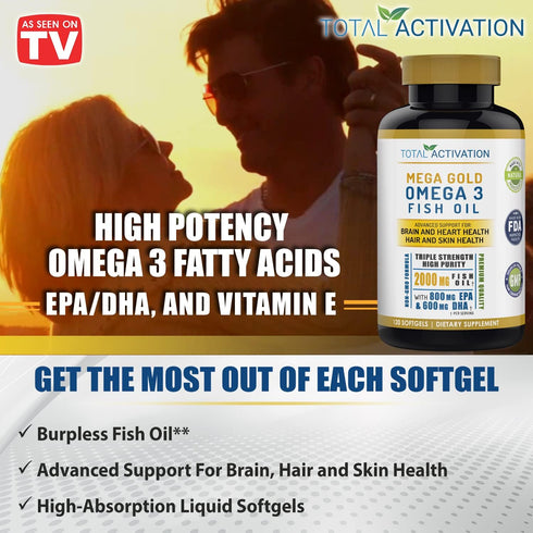 Omega 3 Burpless Max Strength Fish Oil Supplement, 2000 mg with Vitamin E, 120 Small Liquid Softgels
