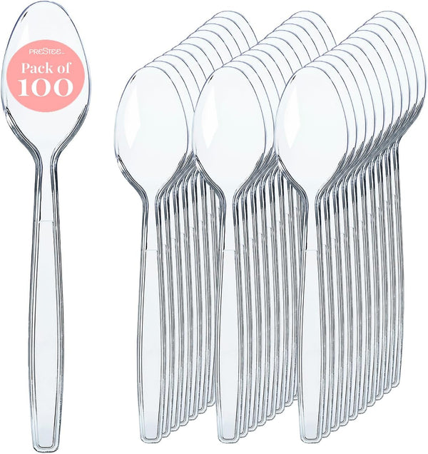 Prestee 100 Bulk Clear Plastic Spoons - Heavy Duty Disposable Silverware, Heat-Resistant Spoon Cutlery Set