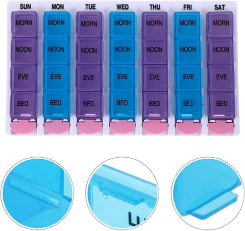 YOSADIER 28-Compartment Colorful Pill Organizer Box, Weekly Medicine Storage Case with Push-Button Flip Lid, Portable