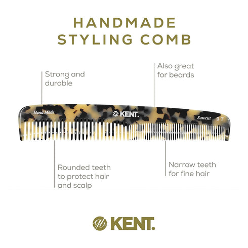 Kent 9T Fine Tooth and Wide Tooth Comb, Large Handmade Detangler Hair Combs for Wet Hair, Made in England