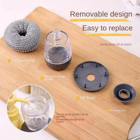OHUINEI Soap Dispensing Dish Brush Cleaning Steel Wool Scrubber for Dishes Pans Kitchen Sink Bathtub Tile and Household