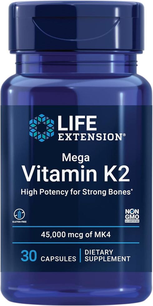 Life Extension Mega Vitamin K2 High Potency for Strong Bones, Daily Supplement for Healthy Bone Density & Heart Health,