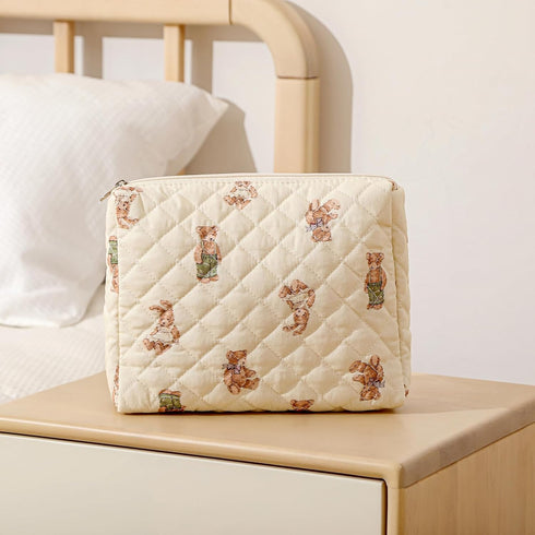 Quilted Cotton Makeup Bag, 2Pcs Coquette Cosmetic Bag, Large Soft Floral Travel Toiletry Bag for Women