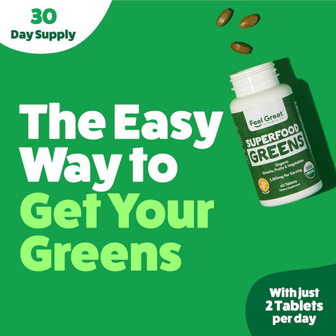Feel Great Vitamins Super Greens Tablets, Organic Supplement with Kale, 60 Tablets