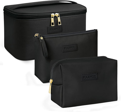 MAANGE Large Makeup Bag with 2pcs Small Bags, Portable Leather Travel Set for Women and Girls, Black