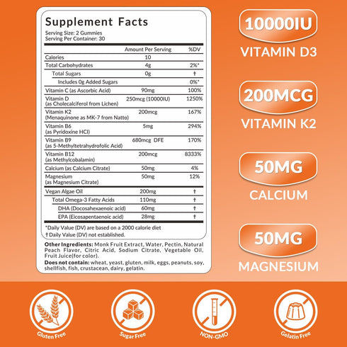 WEEVIT D3 10000iu K2 MK7) 200mcg Gummies Omega-3, B12, K2 D3 Vitamin & (as w/Calcium, Magnesium, Vitamin C, Supplement