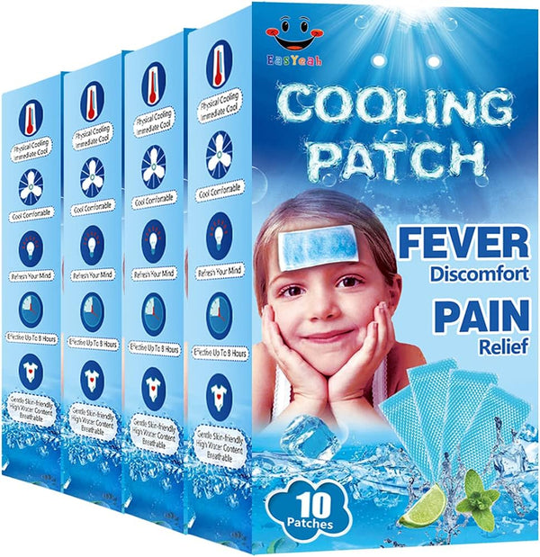 40 Sheets Cooling Patches for Fever Relief, Pain Reducer, Soothe Headache, 10 Count Per Box (4 Boxes)