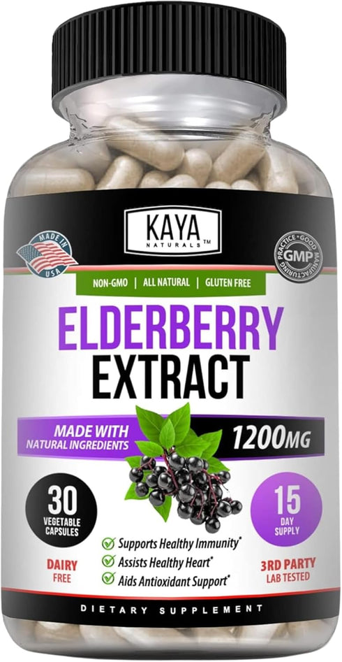 Kaya Naturals Elderberry Immune Support, 1200mg Elderberry Extract, Premium Antioxidant Vitamins, 30 Count