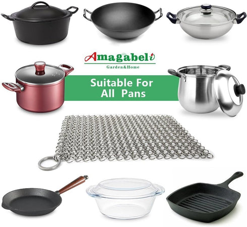 AMAGABELI GARDEN & HOME 8” x 8” 316 Stainless Steel Cast Iron Cleaner, Chainmail Scrubber for Dishes