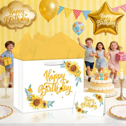 Nefrayd Sunflower Birthday Gift Bag Large with Card & Tissue Paper, Happy Birthday Gift for Women, Girls, Mothers Day