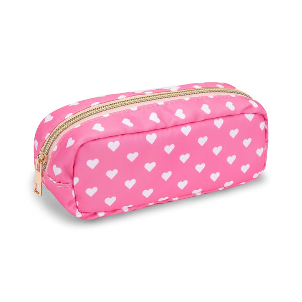 Cute Waterproof Small Pencil Case Makeup Bag for Purse, Preppy Nylon Makeup Brush Holder with Zipper (Slim-Pink Heart)