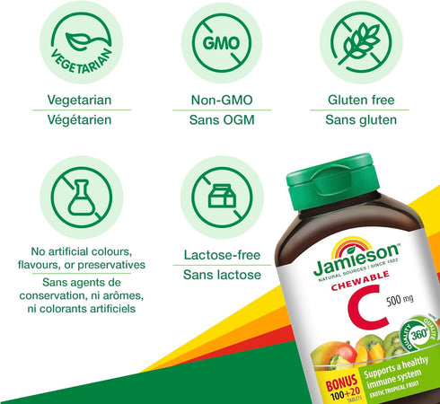 Jamieson Chewable Vitamin C 500 mg, Exotic Tropical Fruit, 120ct, Imported from Canada