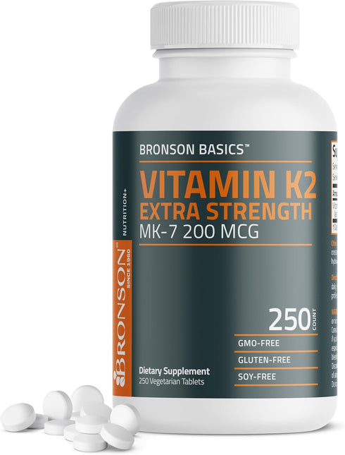 Bronson Vitamin K2 MK-7, 200mcg Extra Strength, 250 Vegetarian Tablets