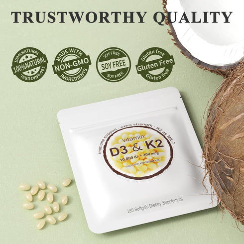 2-in-1 Vitamin D3 K2 Supplement Softgel - 10000 IU D3 and 200 mcg K2 MK7, Supports Immune, Heart, Joint, Teeth & Bone