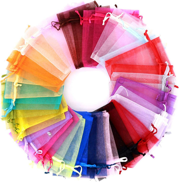 50pc 5x7 inches Mixed Color Gift Wrap Bags, Organza Sheer Fabric Drawstring Pouches for Baby Shower Favor