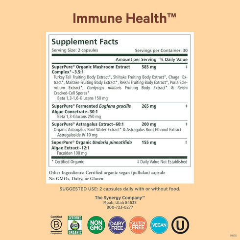 PURE SYNERGY Immune Health Mushroom Supplement, Astragalus and Beta-Glucan Extracts, 60 Capsules