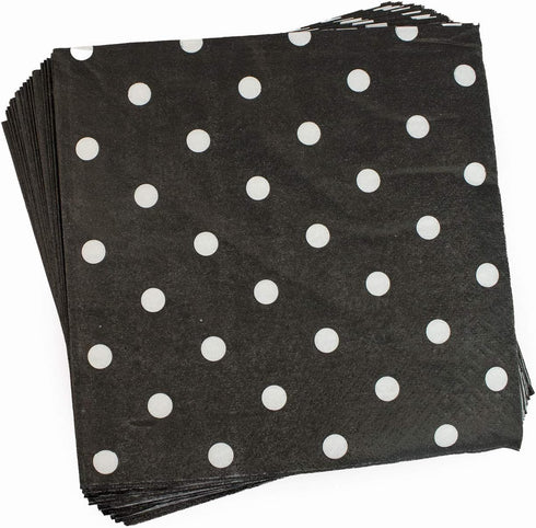 Disposable 2-ply Party Napkins - Striped Chevron Polka Dot Beverage Napkins for Birthday, 60-Count (Black)