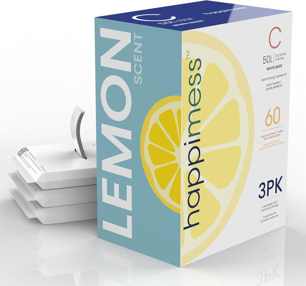 happimess HPM3100C-WHITE 13.2-Gallon Lemon Scented Drawstring Trash Can Liner, White (60-Count)