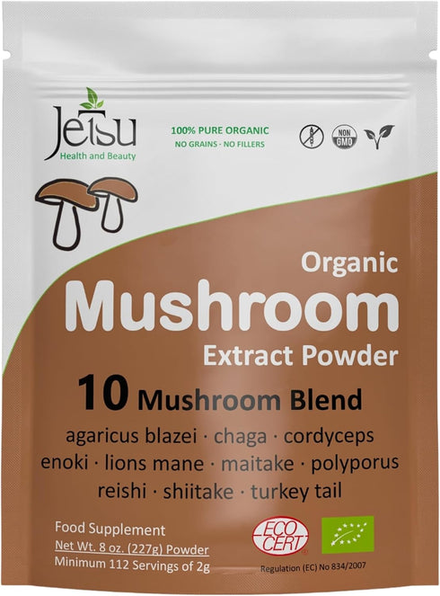 Mushroom Extract Powder - Powerful 10 Blend, Organic Lions Mane, Cordyceps, Reishi, Shiitake, Turkey Tail Mushrooms for
