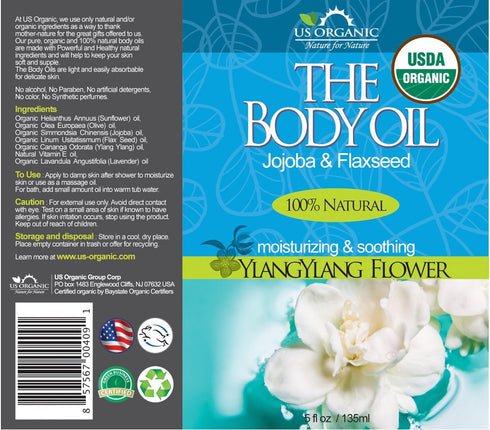 US Organic Body Oil - Rich Floral Ylang Ylang Jojoba and Flaxseed Oil with Vitamin E, USDA Organic, 5 Fl. oz.