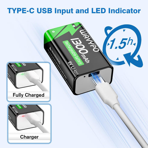 9V Rechargeable Batteries, 1300mAh 9 Volt Lithium with USB-C Charge and 2 in 1 Charging Cable, 2 Pack
