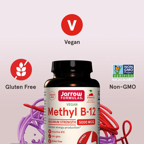 Jarrow Formulas Maximum Strength Methyl B-12 5000 mcg - Dietary Supplement - 90 Cherry Flavored Chewable Tablets