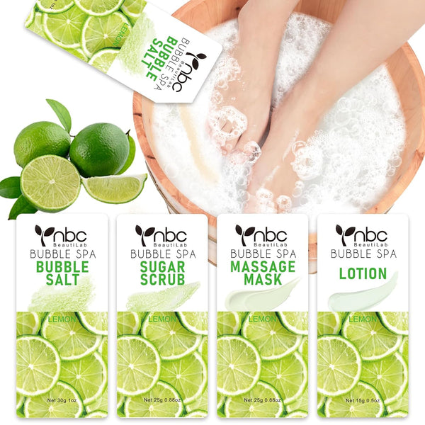 Pedicure Kit Foot Soak Set: Bubble Salt, Sugar Scrub, Massage Mask, Lotion in a Box, 4 Step Foot Spa Kit (Lemon)