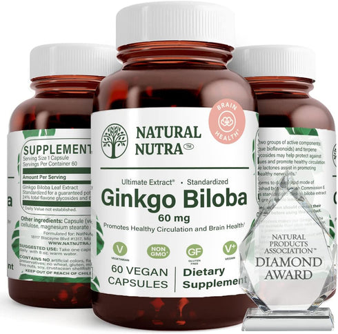 Natural Nutra Ginkgo Biloba Capsules, 60 Count, Vegan, Gluten Free, Improves Brain Function and Circulation