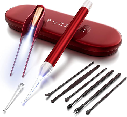 POZILAN 8 Pack Ear Picker Tweezers with LED Light, Ear Wax Removal Tool Cleaner Kit for Kids and Adults