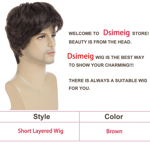 Mens Short Brown Synthetic Wig, Natural Replacement Hair for Daily Party Wear