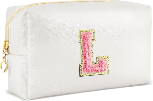 Initial Makeup Bag Personalized Preppy Travel Small Cosmetic Bag, Cute PU White Chenille Letter Pouch for Women