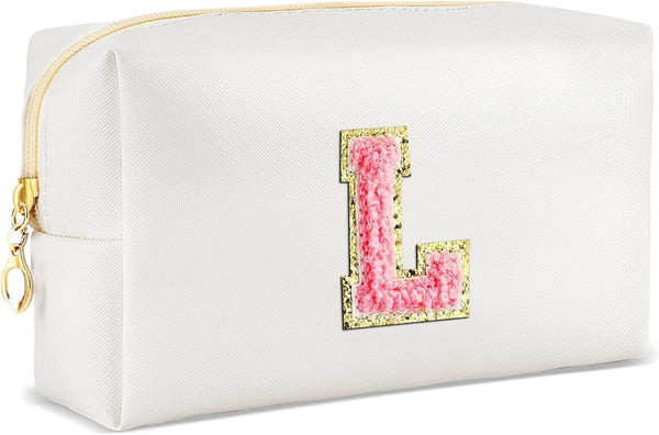 Initial Makeup Bag Personalized Preppy Travel Small Cosmetic Bag, Cute PU White Chenille Letter Pouch for Women