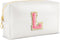 Initial Makeup Bag Personalized Preppy Travel Small Cosmetic Bag, Cute PU White Chenille Letter Pouch for Women