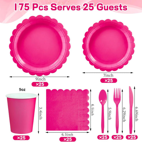 175 Pcs Hot Pink Paper Plates and Napkins, 25 Guest Hot Pink Party Supplies Include Scalloped Hot Pink Plates Napkins Cups Plastic Spoons Knives Fork for Baby Shower, Birthday, Bridal Shower by Xiangqu