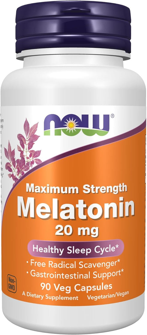 NOW Supplements Maximum Strength Melatonin 20 mg, 90 Veg Capsules for Healthy Sleep Cycle