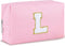 Initial Makeup Bag for Women, Travel Small PU Leather Cosmetic Bag, Cute Pink Personalized Preppy Chenille Pouch