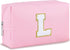 Initial Makeup Bag for Women, Travel Small PU Leather Cosmetic Bag, Cute Pink Personalized Preppy Chenille Pouch