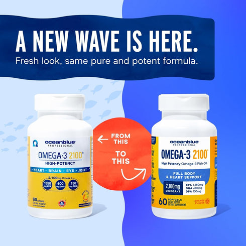 OceanBlue Professional Omega-3 2100, 60 Count, High-Potency Burpless Fish Oil Supplement, Orange Flavor