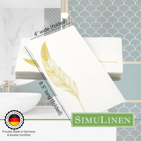 SimuLinen Paper Towels - Decorative Gold Feather Design Hand Towels for Bathroom, 12x17” (Pack of 100) Made in Germany
