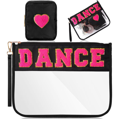 Hillban 2 Pcs Dance Theme Gifts, Waterproof Chenille Letter Bags, Preppy Patch Makeup Bag for Women Girls