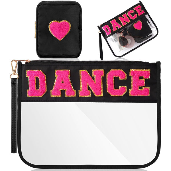 Hillban 2 Pcs Dance Theme Gifts, Waterproof Chenille Letter Bags, Preppy Patch Makeup Bag for Women Girls