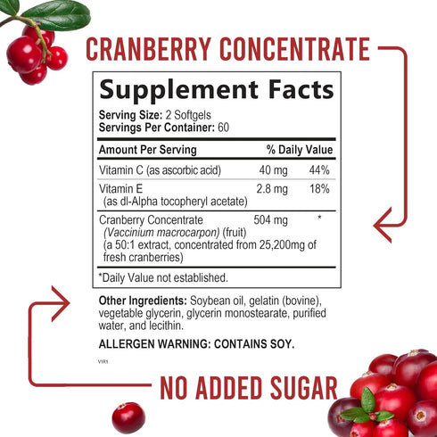 Cranberry Concentrate Extract Supplement for Women & Men + Vitamin C & E - 25,200mg Formula for Urinary Tract Health Support, Non-GMO and Gluten Free, Cranberry Pills Supplement - 120 Softgels