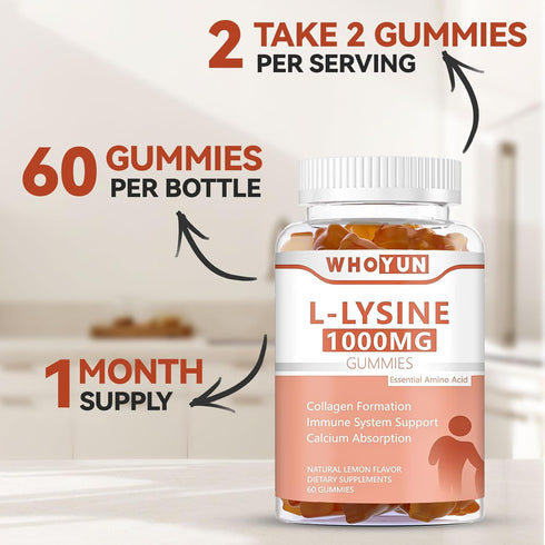 L-Lysine 1000mg Gummies, Chewable Supplement for Adults, Immune Support, Lemon Flavor, 60 Count