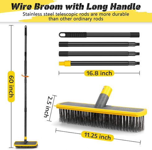 JIURAIN 2 1 Heavy Duty Broom Wire Floor Scrub Brush with Long Handle, in Scrape and Stainless Steel Bristle Brooms