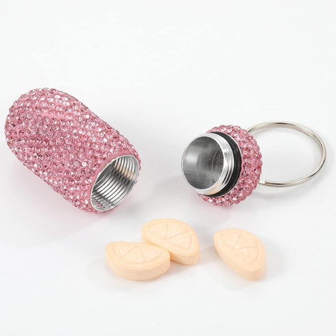 Bling Pill Case, Portable Travel Container with Rhinestone, Waterproof Small Holder with Keychain for Outdoor Camping