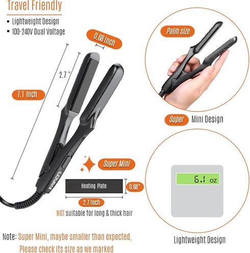 LOVANI Mini Flat Iron, Tourmaline Ceramic Small Hair Straightener, Dual Voltage Travel Hair Iron with Insulated Bag