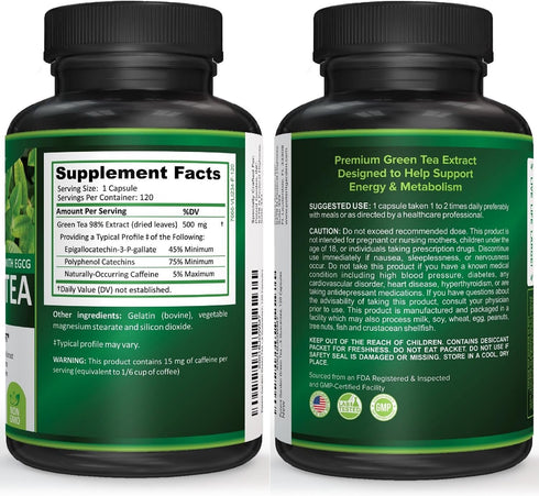 Green Tea Extract with EGCG - Natural Energy, Mental Focus, Immune Support, Antioxidant, 120 Capsules