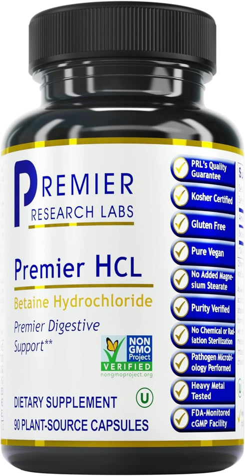 Premier Research Labs Premier HCL, Betaine Hydrochloride Supplement for Optimal Digestive Function, 90 Vegetarian