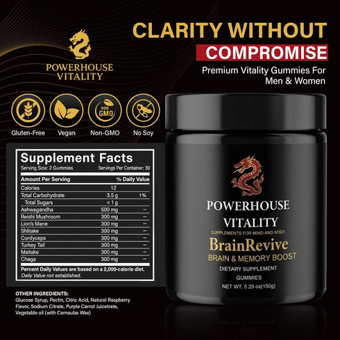 Gummies 60Pck Brain Boost Energy and Focus - Gluten-Free, Non GMO and Vegan Brain Health Supplements for Adults
